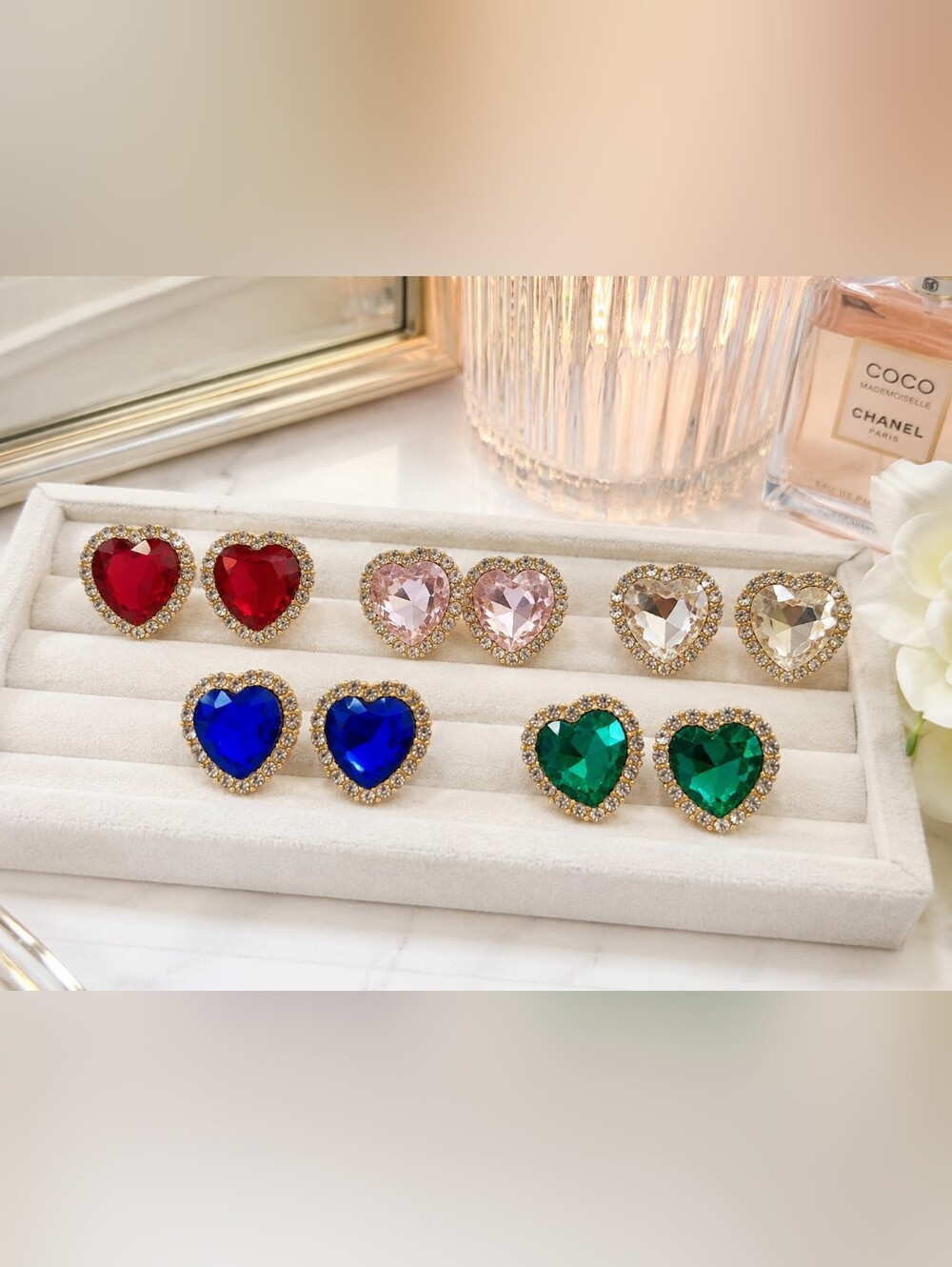Heart Rhinestone Stud Earrings Bundle Lot 5 Pairs Gold Tone Colorful Gem Hearts